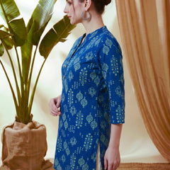 Indigo Blue Ethnic Motif Print Straight Short Kurtis