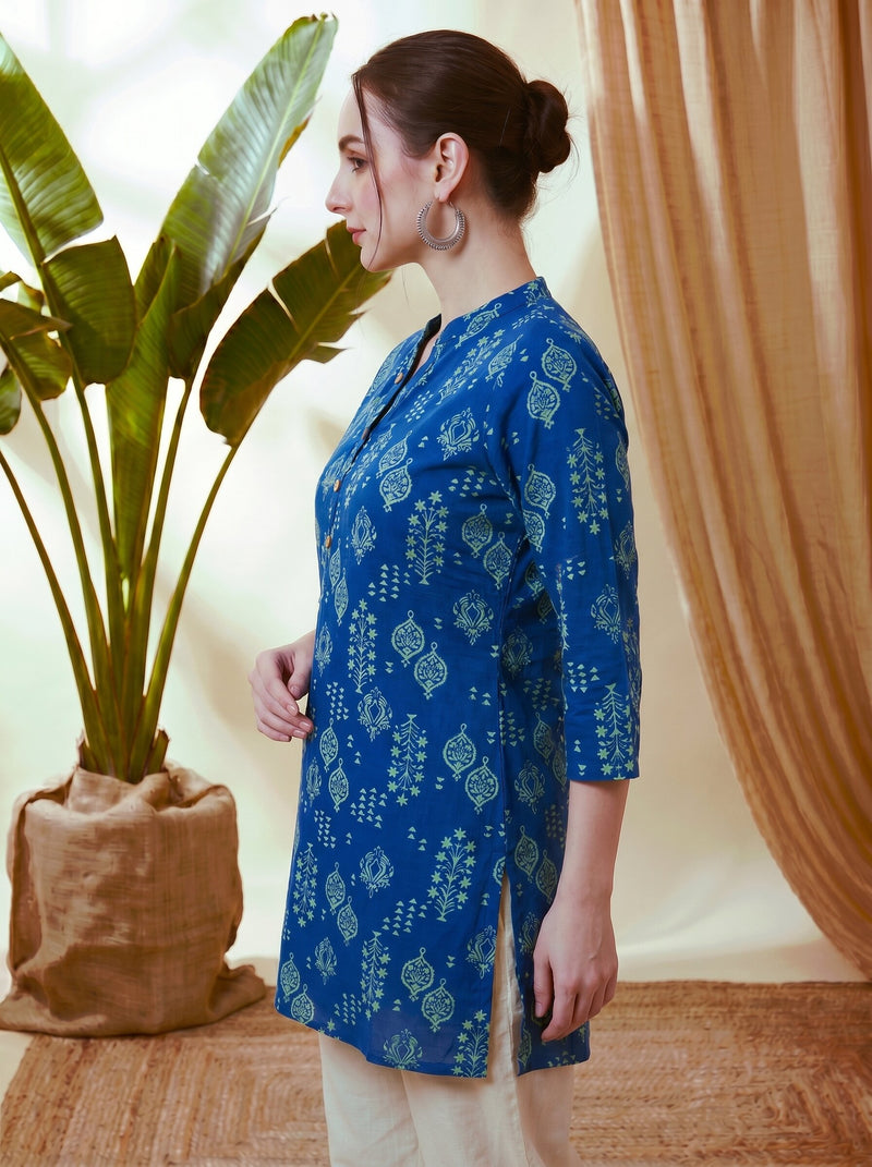 Indigo Blue Ethnic Motif Print Straight Short Kurtis