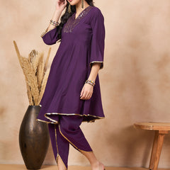Ethnic Motifs Yoke Design & Sequinned  A-Line Kurta With Dhoti Pants Kurta Set