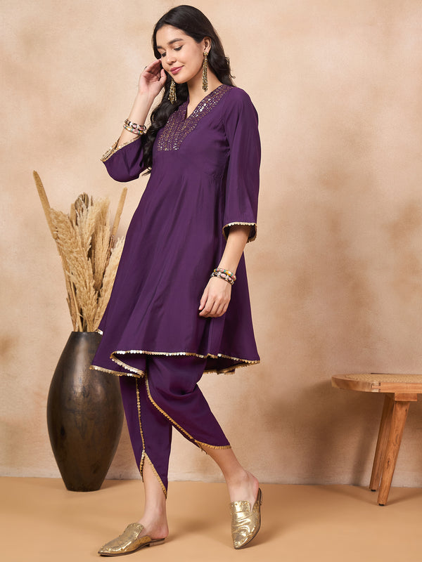 Ethnic Motifs Yoke Design & Sequinned  A-Line Kurta With Dhoti Pants Kurta Set