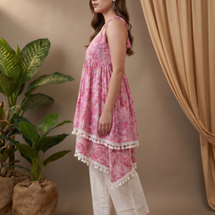 Firozi Floral Print Shoulder Straps A-Line Kurta With Palazzo Kurta Set