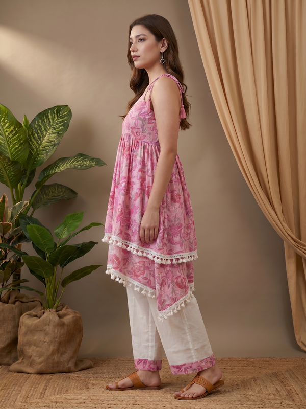 Floral Print Shoulder Straps A-Line Kurta With Palazzo Kurta Set