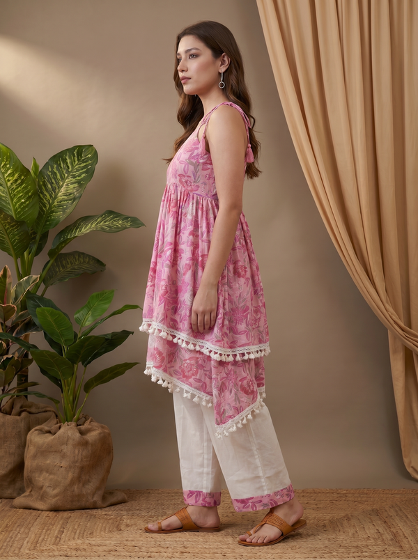 Light Pink Floral Print Shoulder Straps A-Line Kurta With Palazzo Kurta Set