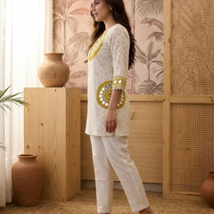 Cotton Schiffle & Mirror Work Tunic With Trouser Co-Ords Set