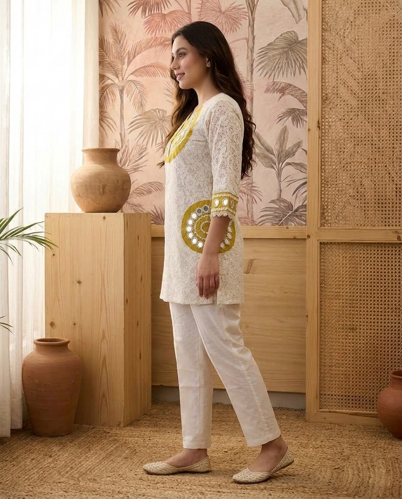 Cotton Schiffle & Mirror Work Tunic With Trouser Co-Ords Set