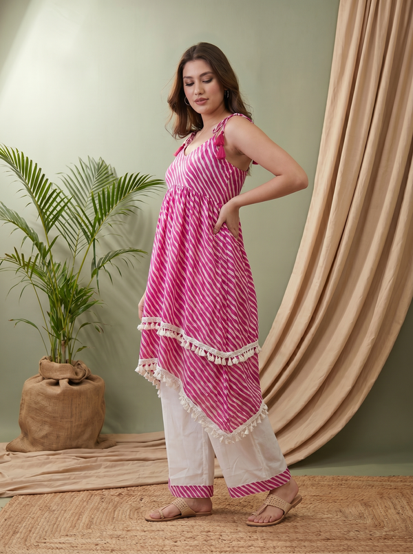 Pink Lahriya Print Shoulder Straps A-Line Kurta With Palazzo Kurta Set