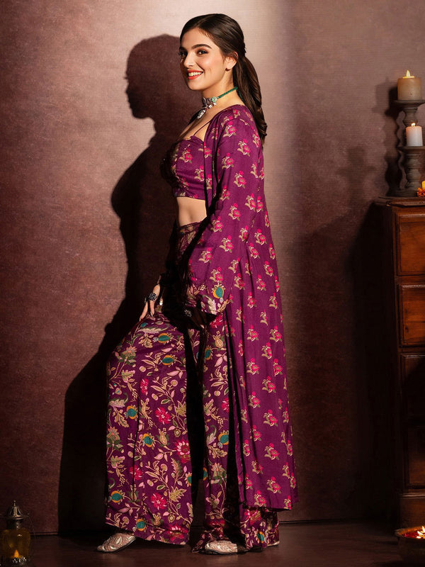 Floral Printed Shoulder Straps Top With Palazzo & Shrug