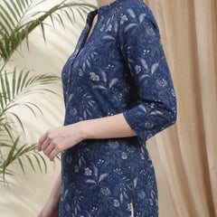 Indigo Blue Ethnic Motif Print Straight Short Kurtis
