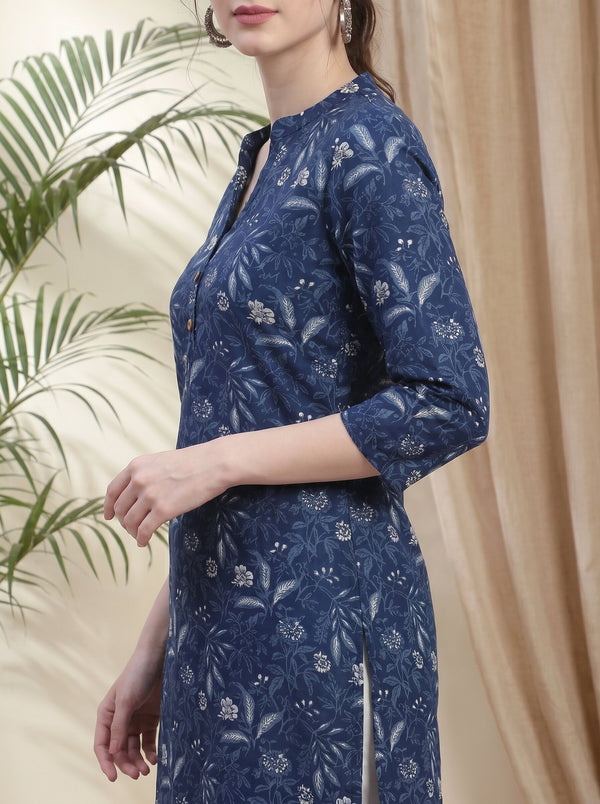 Indigo Blue Ethnic Motif Print Straight Short Kurtis