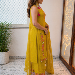 Mustard Embroidered Shoulder Straps Straight Kurta With Trouser & Dupatta Kurta Set