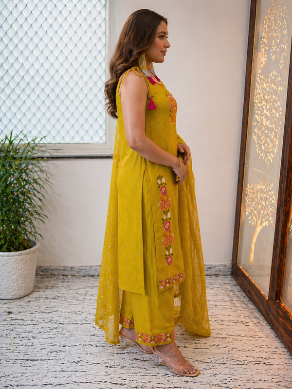 Mustard Embroidered Shoulder Straps Straight Kurta With Trouser & Dupatta Kurta Set