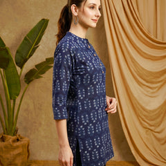 Indigo Blue Ethnic Motif Print Straight Short Kurtis