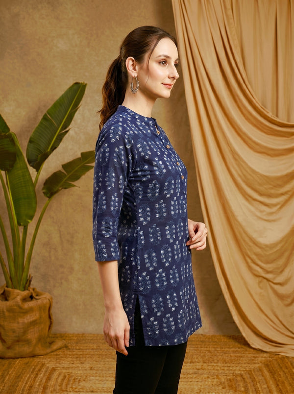 Indigo Blue Ethnic Motif Print Straight Short Kurtis