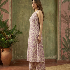 Pink Floral Printed Sleeveless A-Line Kurta With Palazzo Kurta Set