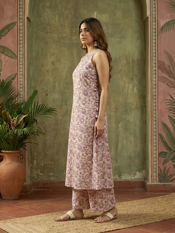 Pink Floral Printed Sleeveless A-Line Kurta With Palazzo Kurta Set