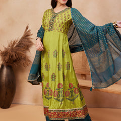 Green Floral Print Anarkali  Kurta with Palazzo & Dupatta Kurta Set