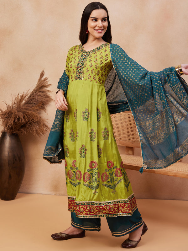 Green Floral Print Anarkali  Kurta with Palazzo & Dupatta Kurta Set