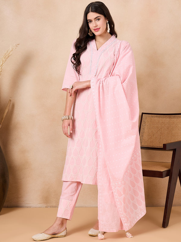 Floral Embroidered Regular Thread Work Pure Cotton Kurta with Trousers & With Dupatta