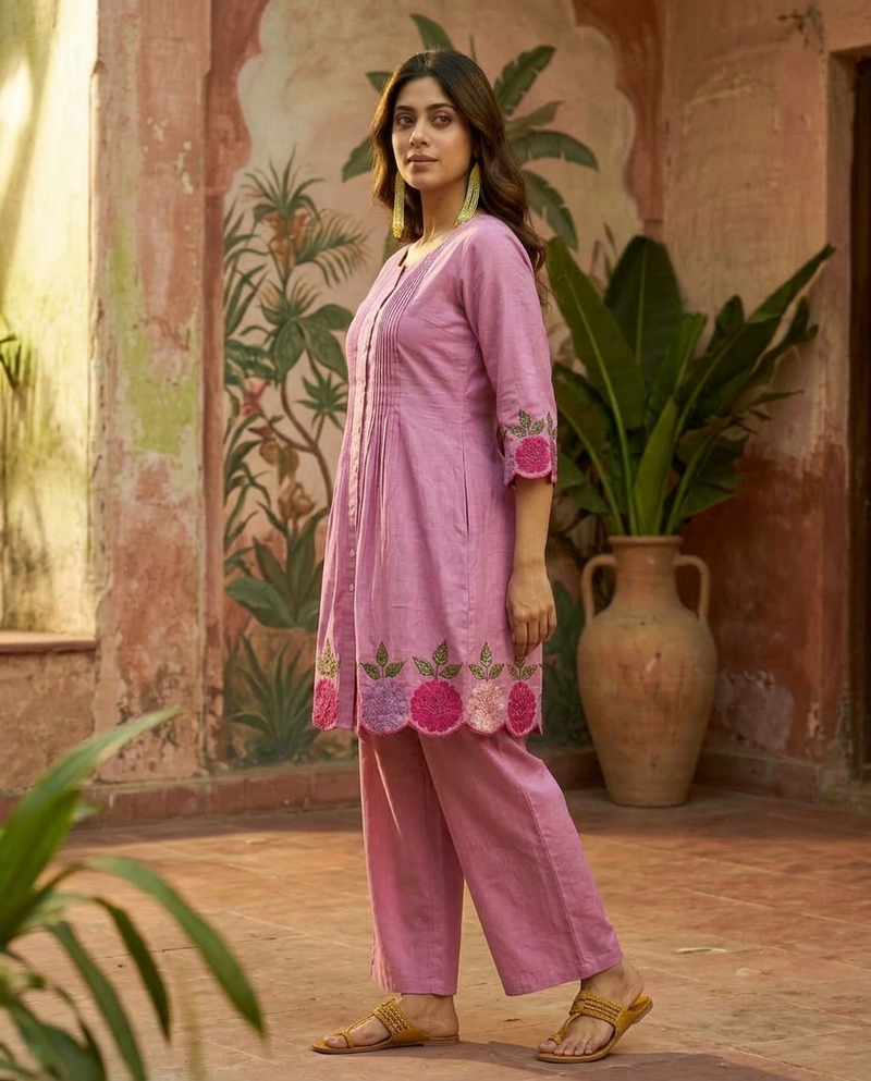 Floral Embroidered A-Line Kurta With Trouser Set