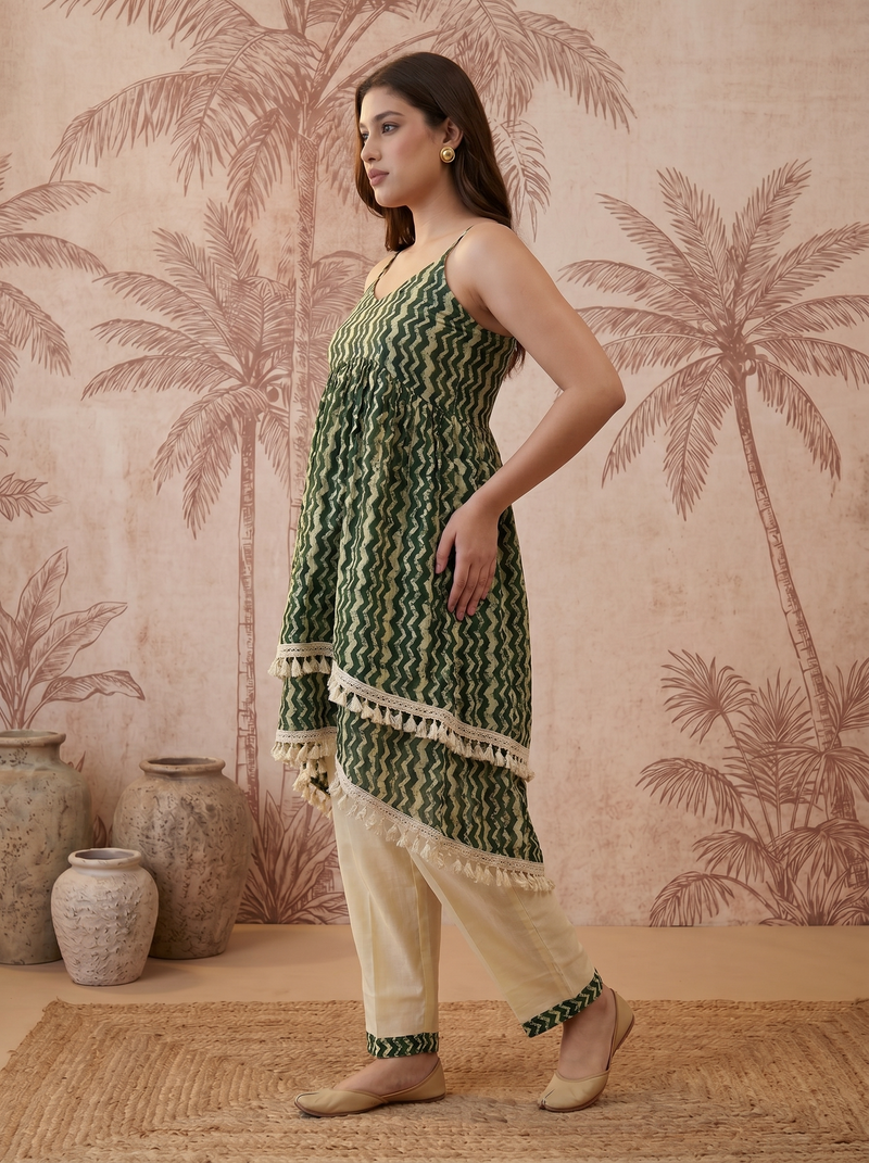 Green Ethnic Motif Print Shoulder Straps A-Line Kurta With Palazzo Kurta Set