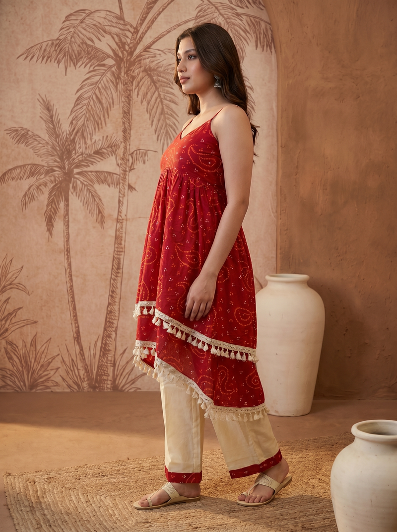 Floral Print Shoulder Straps A-Line Kurta With Palazzo Kurta Set