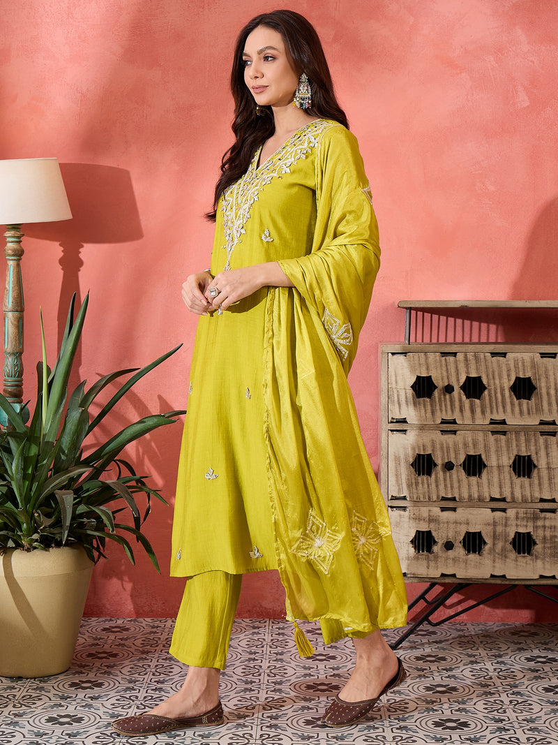 Green Embroidered Gotta Patti Kurta with Trousers & Dupatta Kurta Set