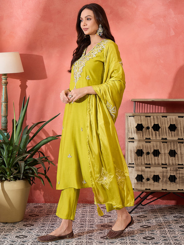 Green Embroidered Gotta Patti Kurta with Trousers & Dupatta Kurta Set