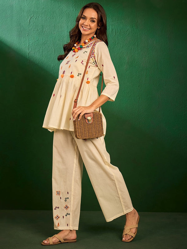 Embroidered Pure Cotton Top With Palazzos Co-Ords