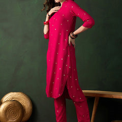 Pink Floral Printed V-Neck Straight Kurta With Trousers