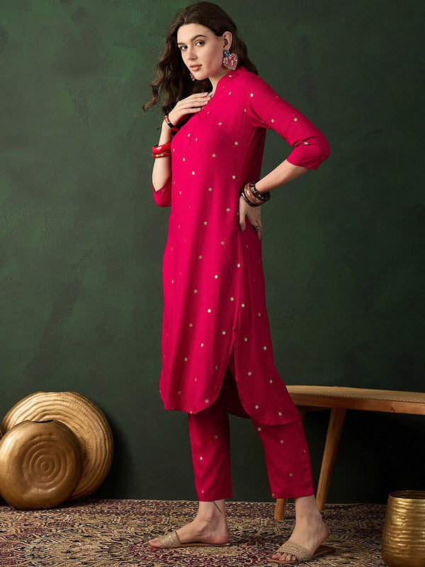 Pink Floral Printed V-Neck Straight Kurta With Trousers