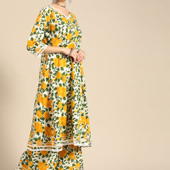 Women Yellow Floral Printed Lace Inserts Pure Cotton Kurta with Sharara & Dupatta