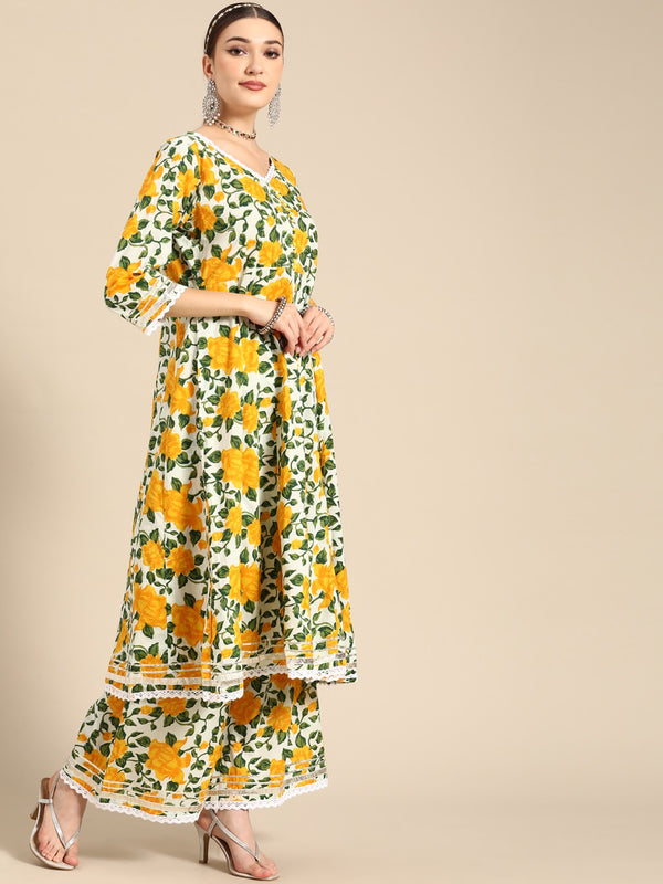 Women Yellow Floral Printed Lace Inserts Pure Cotton Kurta with Sharara & Dupatta
