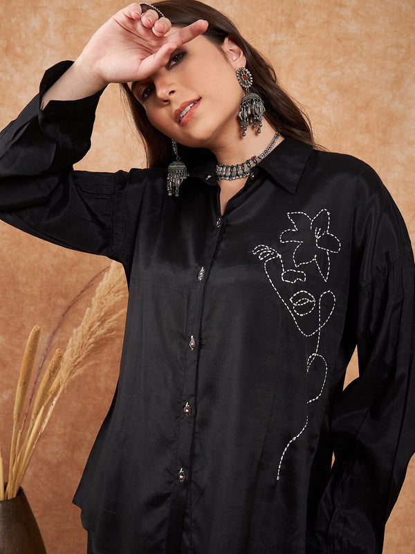 Embroidered Viscose Silk Oversized Shirt With Palazzo Co-Ords