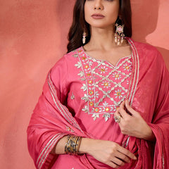 Pink Floral Gotta Patti Notch Neck Kurta With Trousers And Dupatta