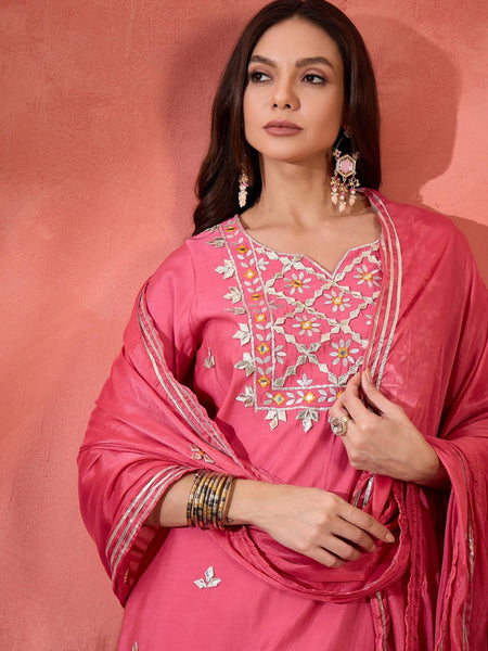 Pink Floral Gotta Patti Notch Neck Kurta With Trousers And Dupatta