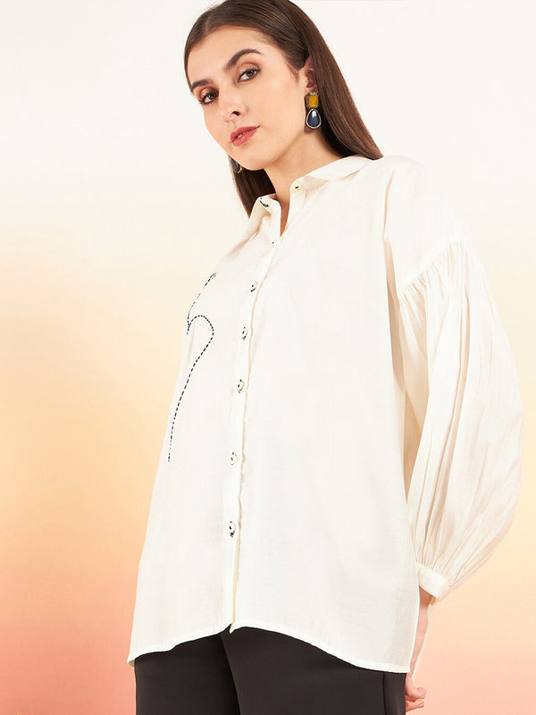 Embroidered Oversized Shirt Style Longline Top