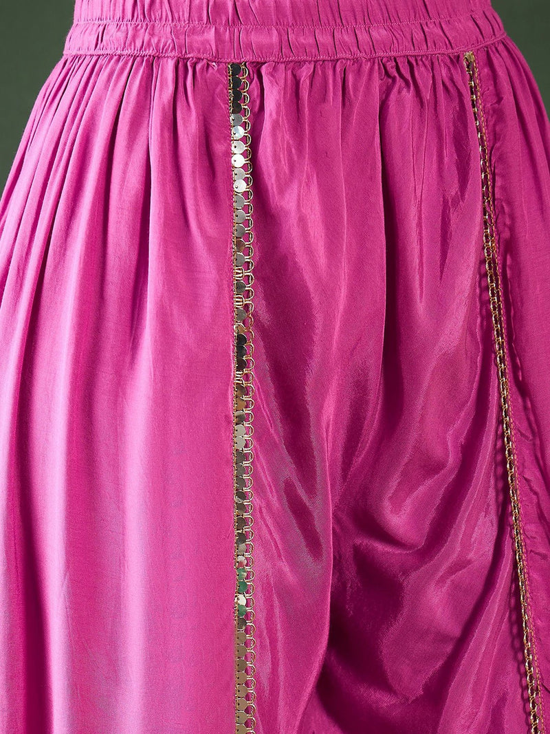 Pink Bandhani Printed Gotta Patti Asymmetric Kaftan With Dhoti Pant