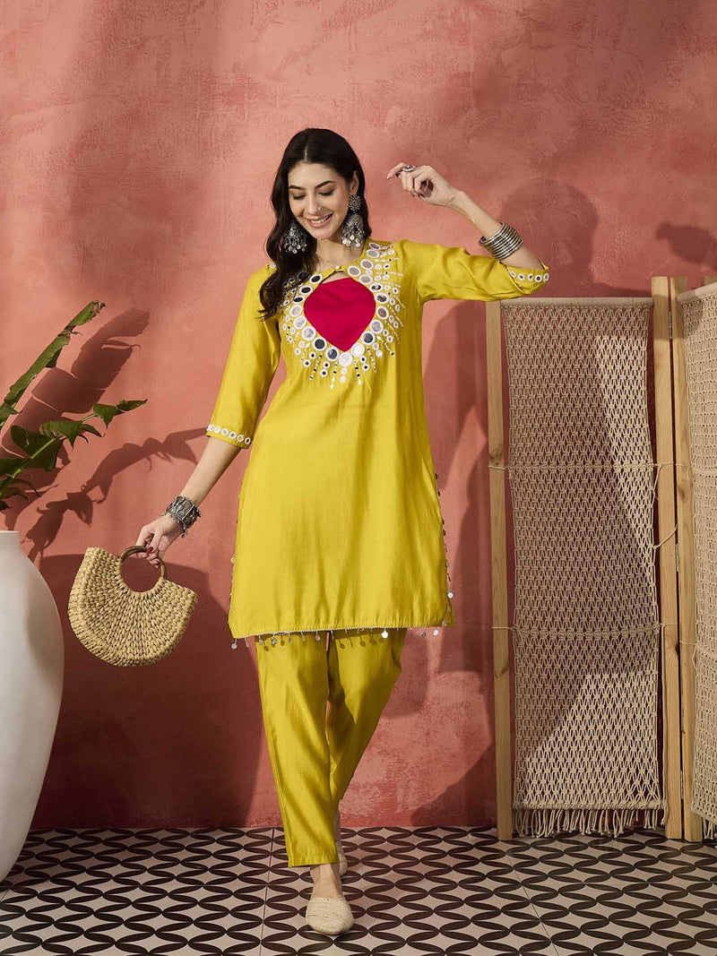 Embellished Round Neck Mirror Work Tunic With Trouser