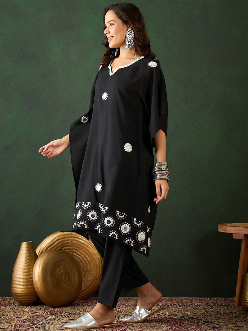Geometric Embroidered & Mirror Work Kaftan Kurta With Trouser