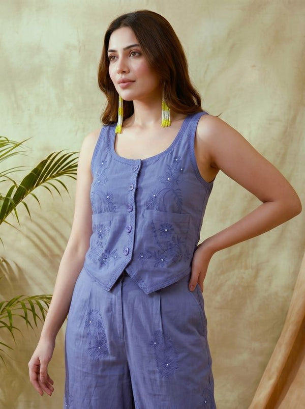 Blue Embroidered Crop Top With Palazzo Co-Ords Set