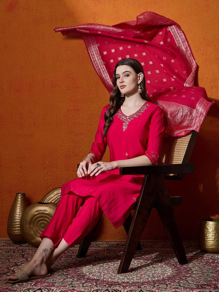 Floral Embroidered Kurta With Trousers And Dupatta