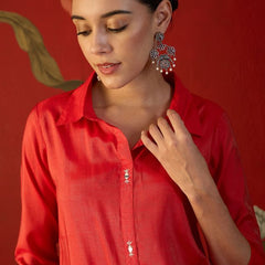 Rust Self Design Shirt Collar Tunic & Trouser Co-Ords