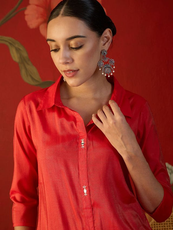 Rust Self Design Shirt Collar Tunic & Trouser Co-Ords