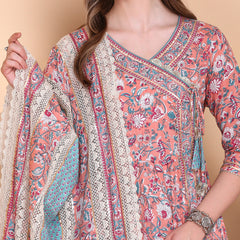 Floral Printed Angrakha Thread Work Pure Cotton Kurta with Trousers & Dupatta