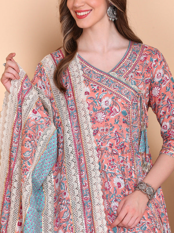 Floral Printed Angrakha Thread Work Pure Cotton Kurta with Trousers & Dupatta