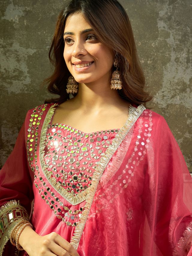 Pink Ethnic Motif Embroidered Kurta With Top & Trouser & Dupatta