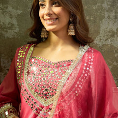 Pink Ethnic Motif Embroidered Kurta With Top & Trouser & Dupatta