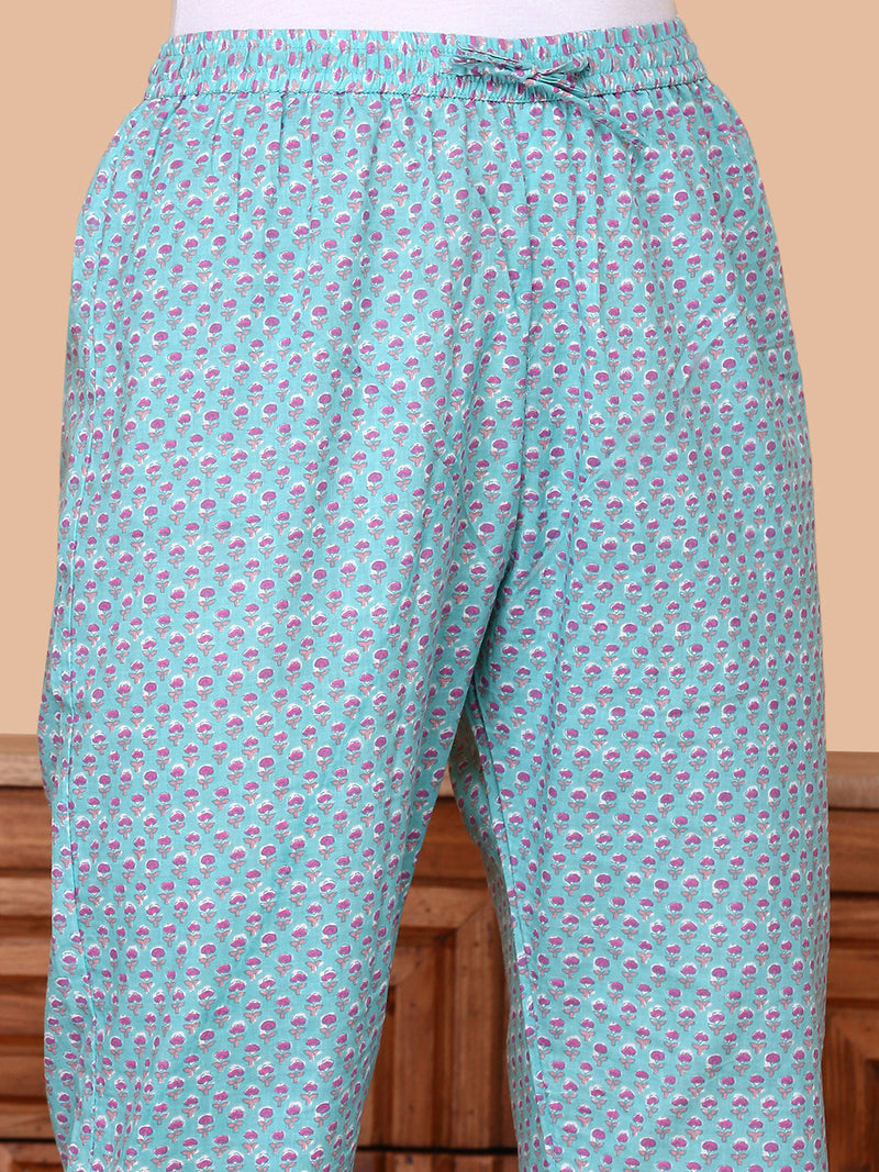 Floral Printed Angrakha Thread Work Pure Cotton Kurta with Trousers & Dupatta