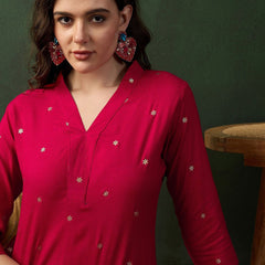 Pink Floral Printed V-Neck Straight Kurta With Trousers