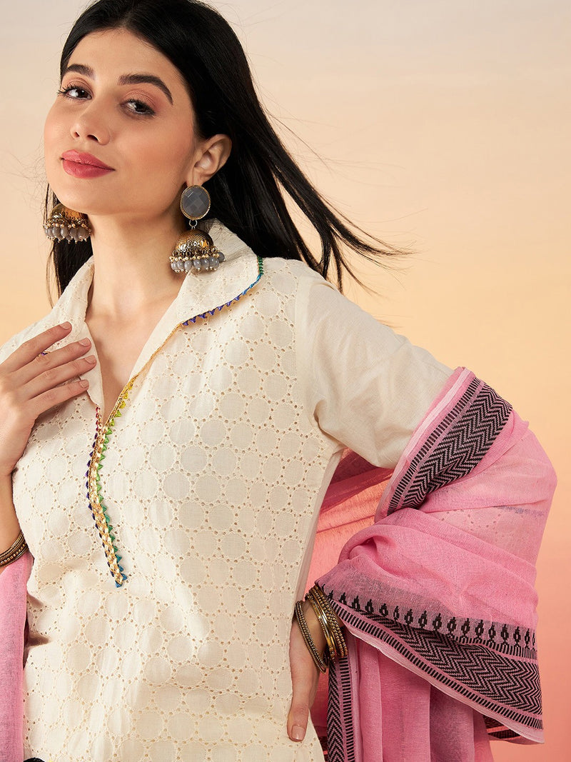 Off White Ethnic Motifs Self Design Thread Work Pure Cotton Kurta Set